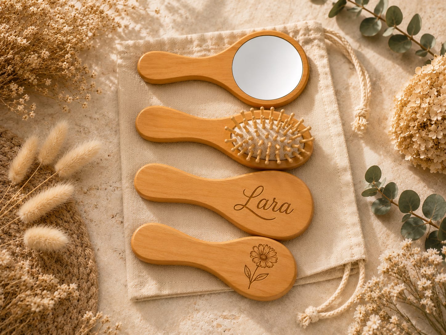 Set de espejo y cepillo de bambú personalizado